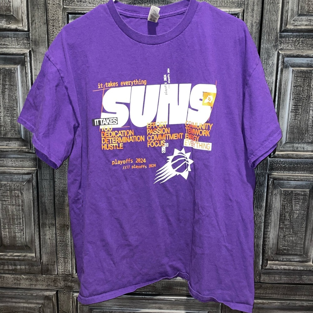 Gildan Purple Graphic Crewneck Tee with White and Orange Print